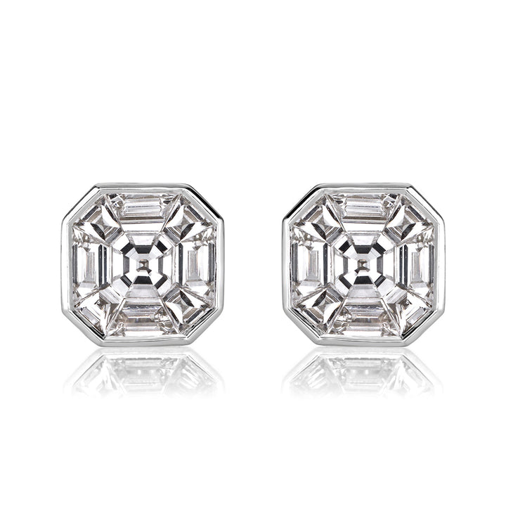 1.00ct Asscher Cut Mosaic Lab Diamond Stud Earrings in 18K White Gold