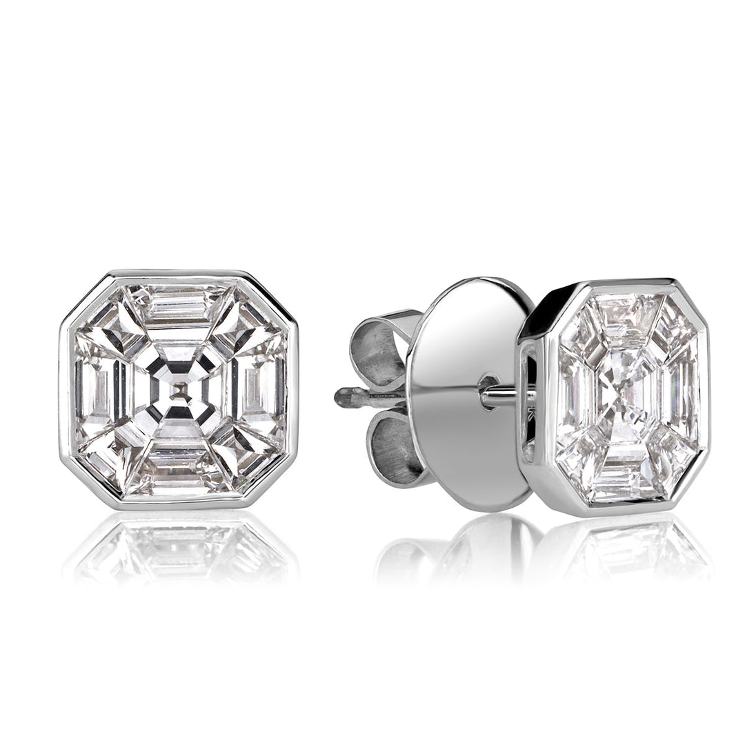 1.00ct Asscher Cut Mosaic Lab Diamond Stud Earrings in 18K White Gold