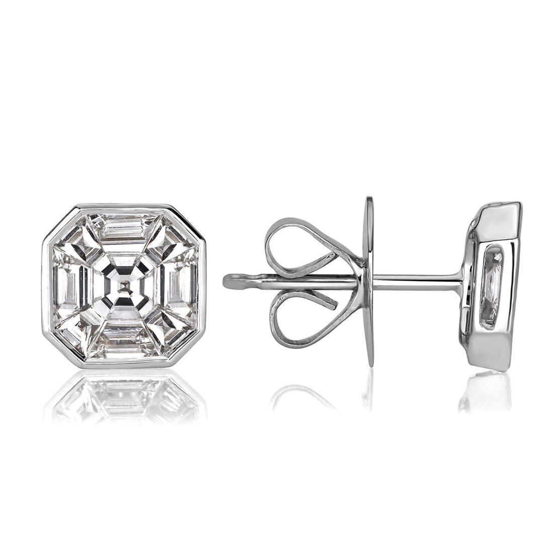 1.00ct Asscher Cut Mosaic Lab Diamond Stud Earrings in 18K White Gold