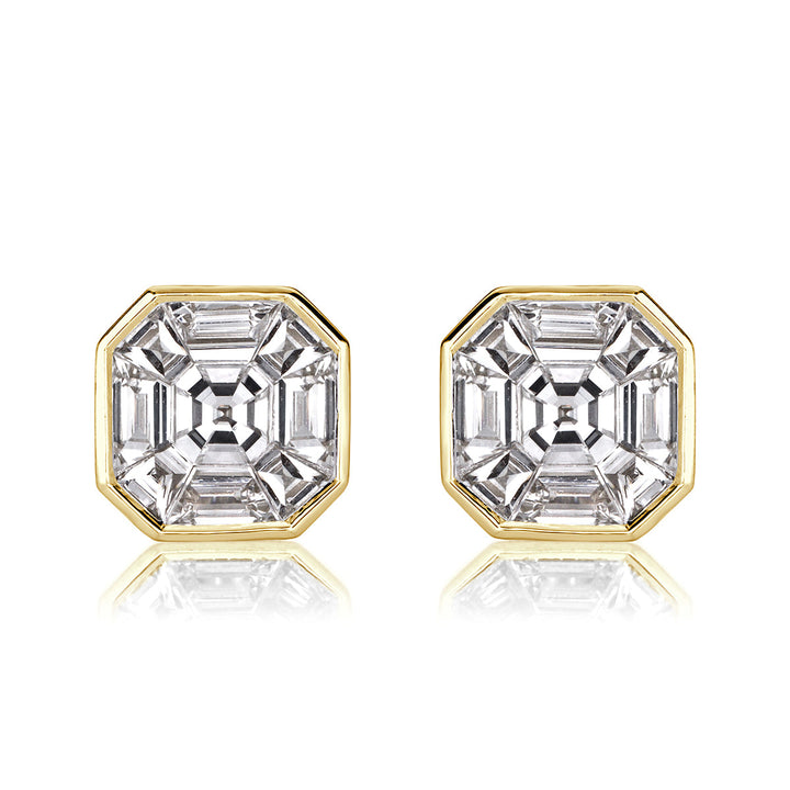 1.00ct Asscher Cut Mosaic Lab Diamond Stud Earrings in 18K Yellow Gold