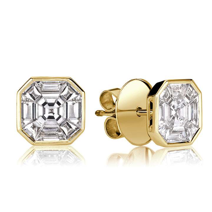 1.00ct Asscher Cut Mosaic Lab Diamond Stud Earrings in 18K Yellow Gold