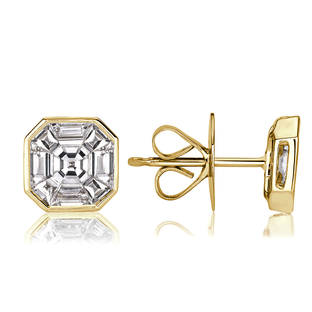 1.00ct Asscher Cut Mosaic Lab Diamond Stud Earrings in 18K Yellow Gold