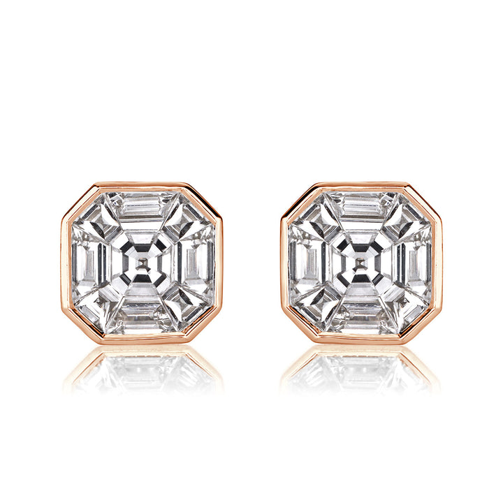 1.00ct Asscher Cut Mosaic Lab Diamond Stud Earrings in 18K Rose Gold