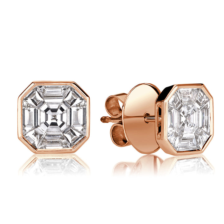 1.00ct Asscher Cut Mosaic Lab Diamond Stud Earrings in 18K Rose Gold