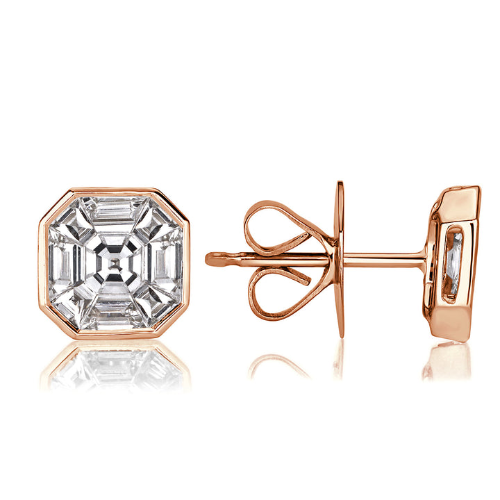 1.00ct Asscher Cut Mosaic Lab Diamond Stud Earrings in 18K Rose Gold