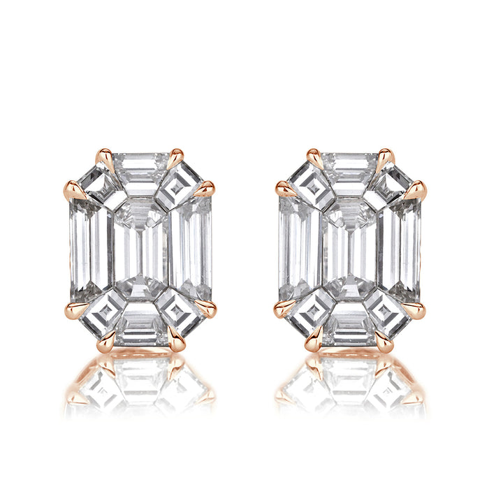 1.54ct Emerald Cut Mosaic Lab Diamond Stud Earrings in 18K Rose Gold