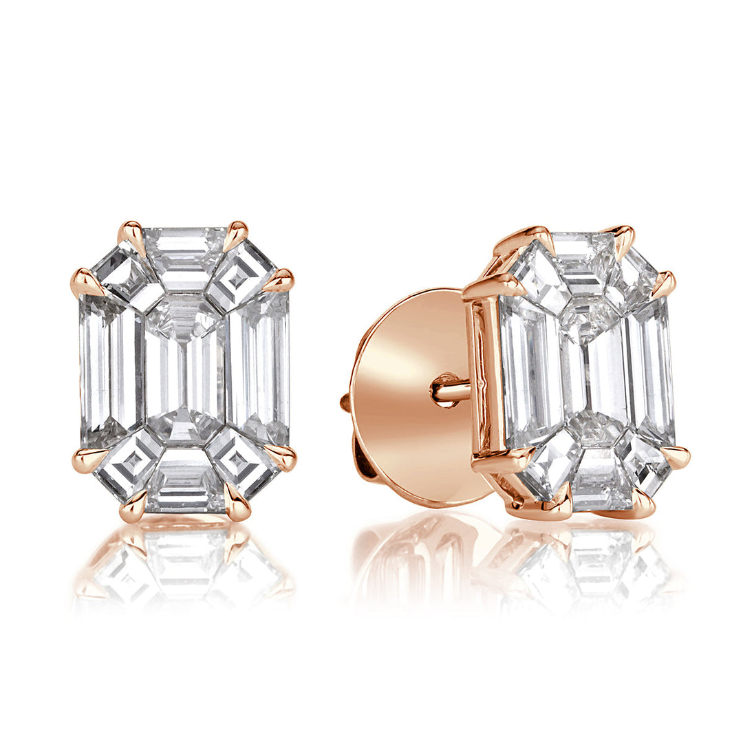 1.54ct Emerald Cut Mosaic Lab Diamond Stud Earrings in 18K Rose Gold