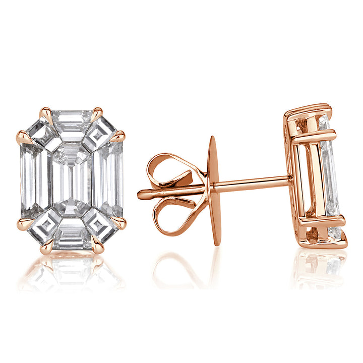 1.54ct Emerald Cut Mosaic Lab Diamond Stud Earrings in 18K Rose Gold