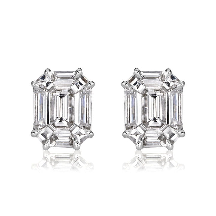 1.30ct Emerald Cut Mosaic Lab Diamond Stud Earrings in 18K White Gold