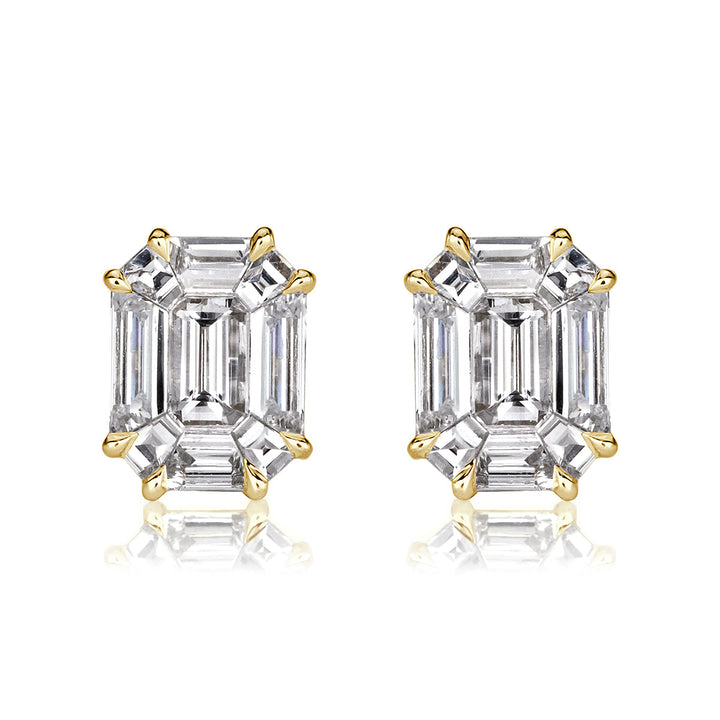 1.30ct Emerald Cut Mosaic Lab Diamond Stud Earrings in 18K Yellow Gold