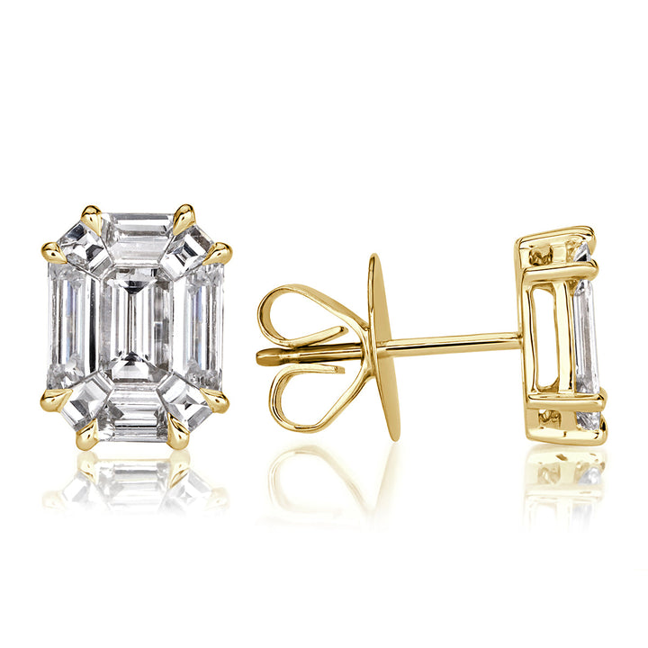 1.30ct Emerald Cut Mosaic Lab Diamond Stud Earrings in 18K Yellow Gold