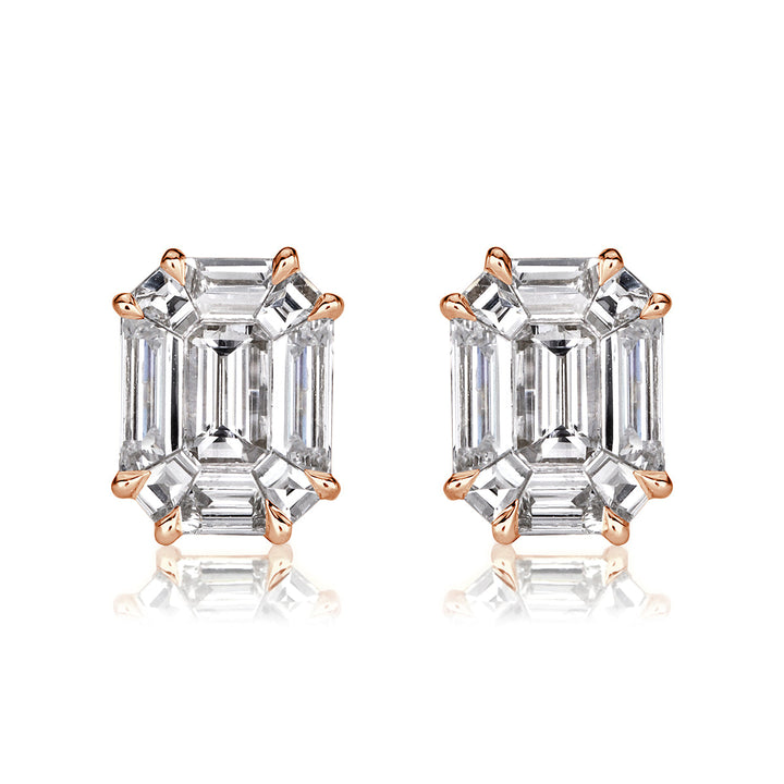 1.30ct Emerald Cut Mosaic Lab Diamond Stud Earrings in 18K Rose Gold