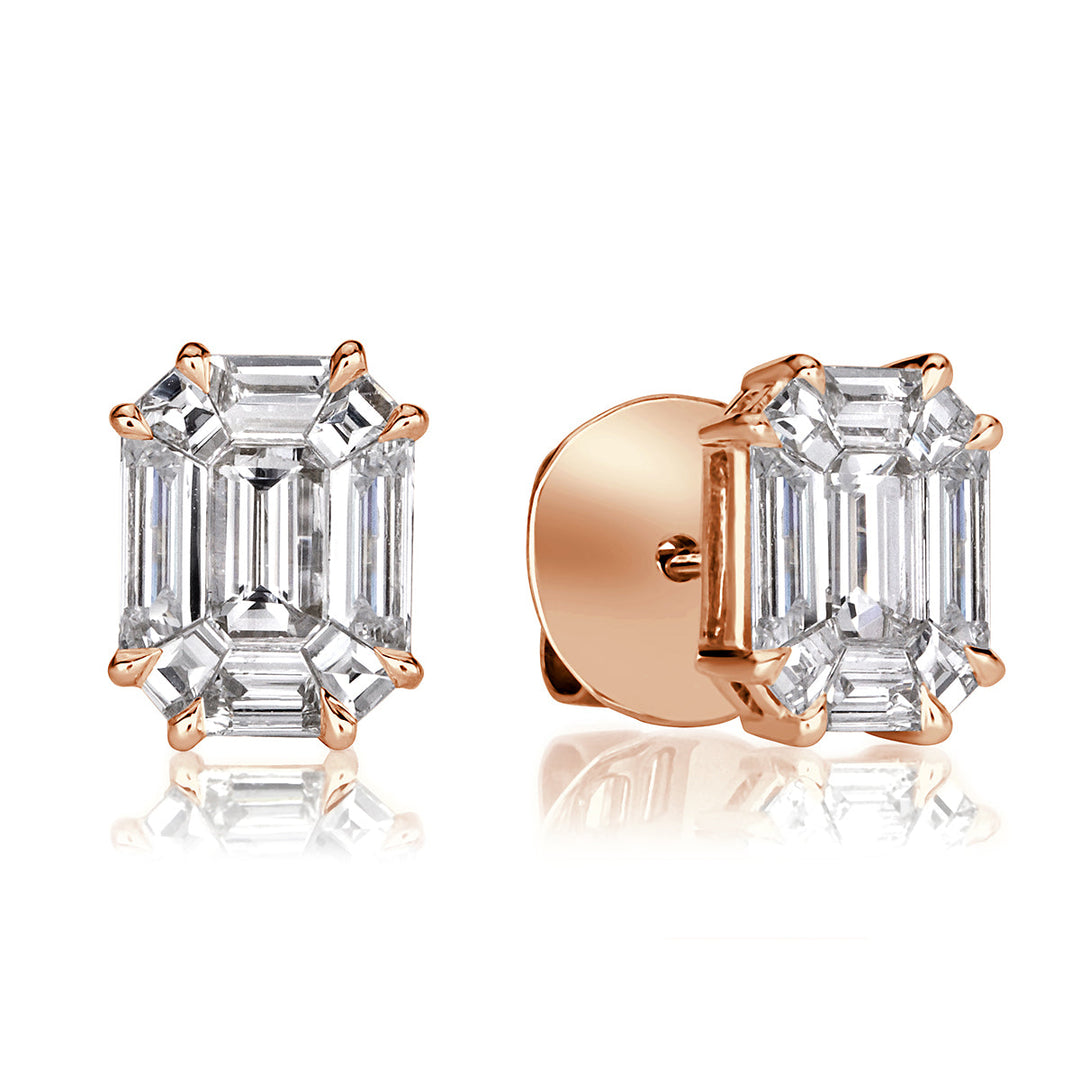 1.30ct Emerald Cut Mosaic Lab Diamond Stud Earrings in 18K Rose Gold