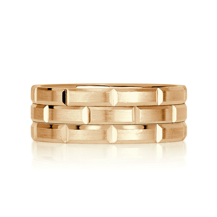 Mens Brick Design Wedding Band in 14k Yellow Gold at 8.5mm