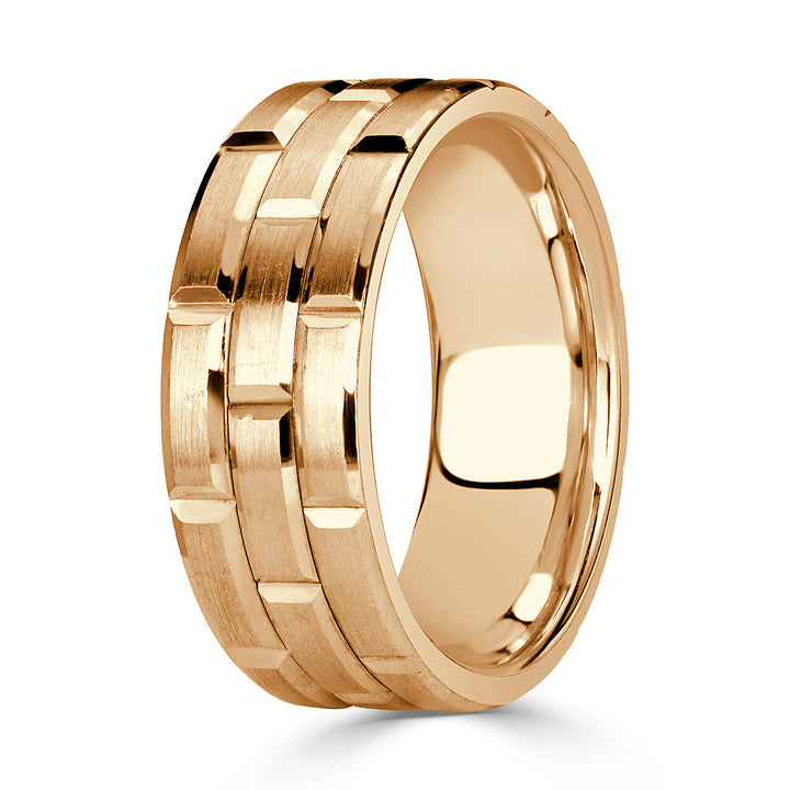 Mens Brick Design Wedding Band in 14k Yellow Gold at 8.5mm