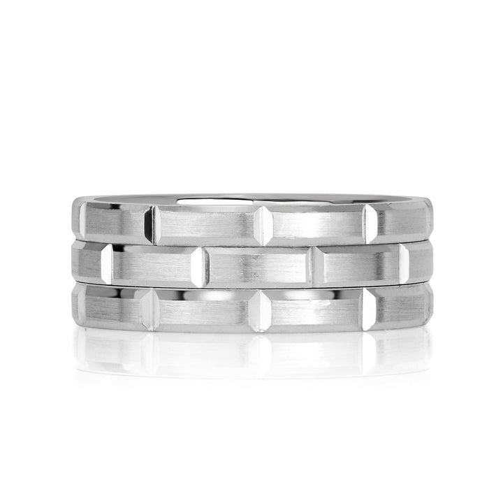 Mens Brick Design Wedding Band in 14k White Gold at 8.5mm