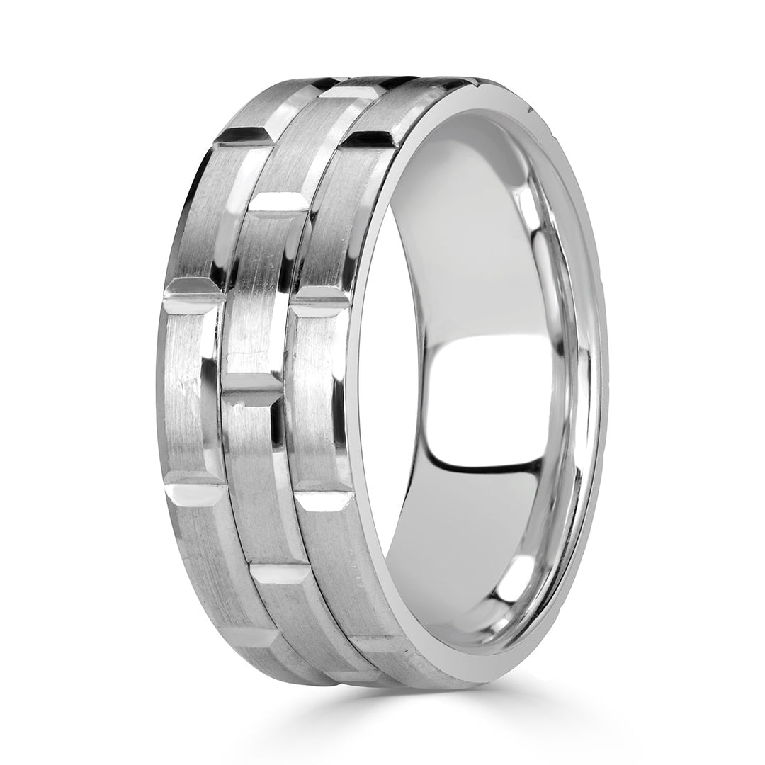 Mens Brick Design Wedding Band in 14k White Gold at 8.5mm