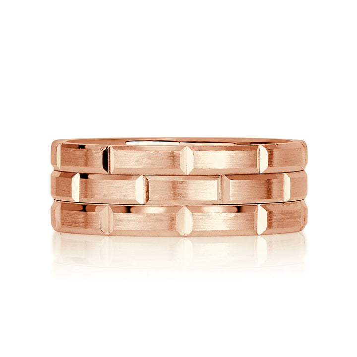 Mens Brick Design Wedding Band in 18k Rose Gold at 8.5mm