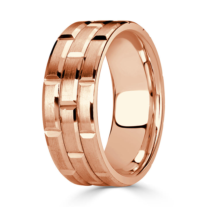 Mens Brick Design Wedding Band in 18k Rose Gold at 8.5mm