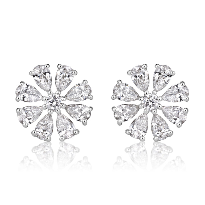 0.71ct Pear Shaped and Round Brilliant Cut Lab Diamond Floral Stud Earrings in 18K White Gold