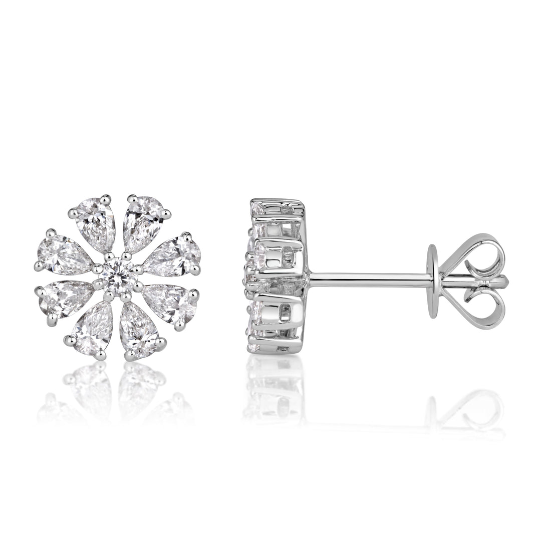 0.71ct Pear Shaped and Round Brilliant Cut Lab Diamond Floral Stud Earrings in 18K White Gold