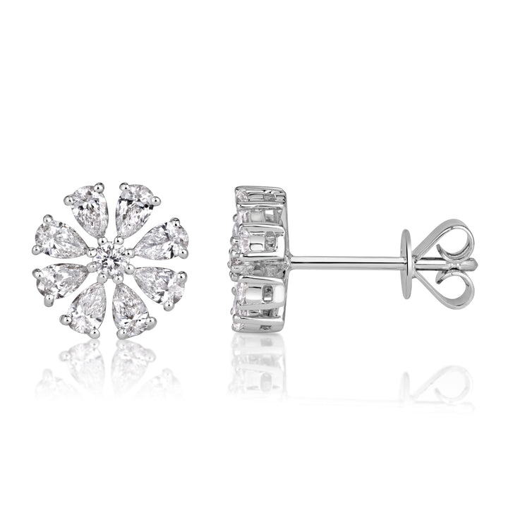 0.71ct Pear Shaped and Round Brilliant Cut Lab Diamond Floral Stud Earrings in 18K White Gold