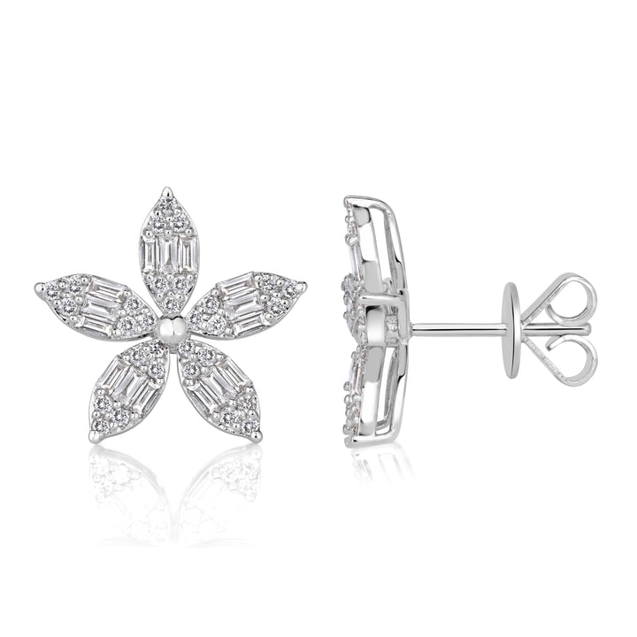 0.67ct Baguette and Round Brilliant Cut Lab Diamond Floral Stud Earrings in 18k White Gold