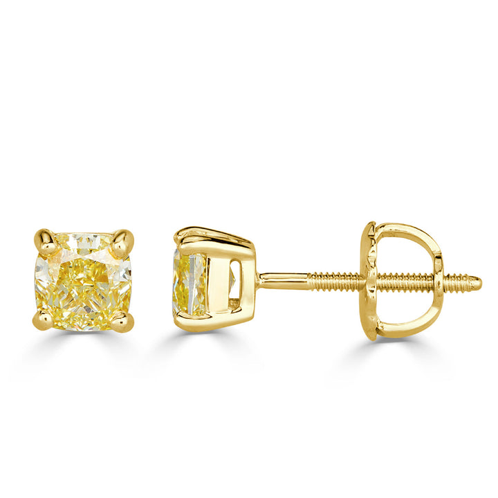 1.20ct Fancy Intense Yellow Cushion Cut Lab Diamond Stud Earrings