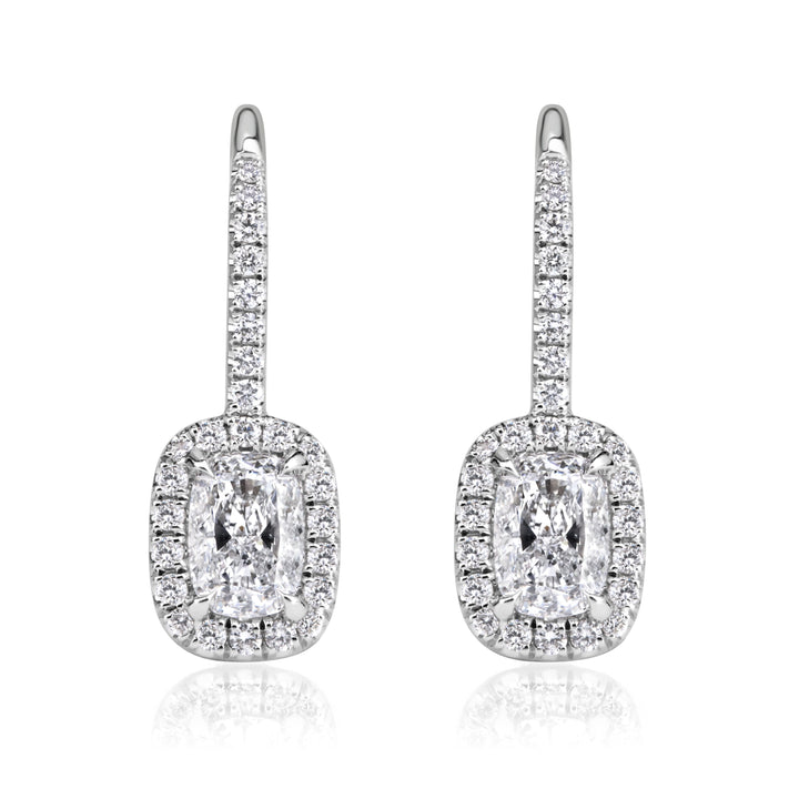 1.25ct Cushion Cut Lab Diamond Halo Dangle Earrings in 18K White Gold