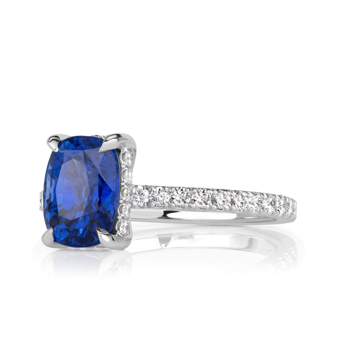 3.04ct Cushion Cut Blue Sapphire Engagement Ring