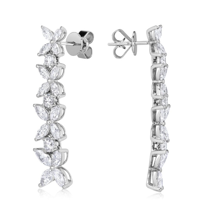 3.86ct Marquise Cut and Round Brilliant Cut Lab Diamond Floral Dangle Earrings in 18K White Gold