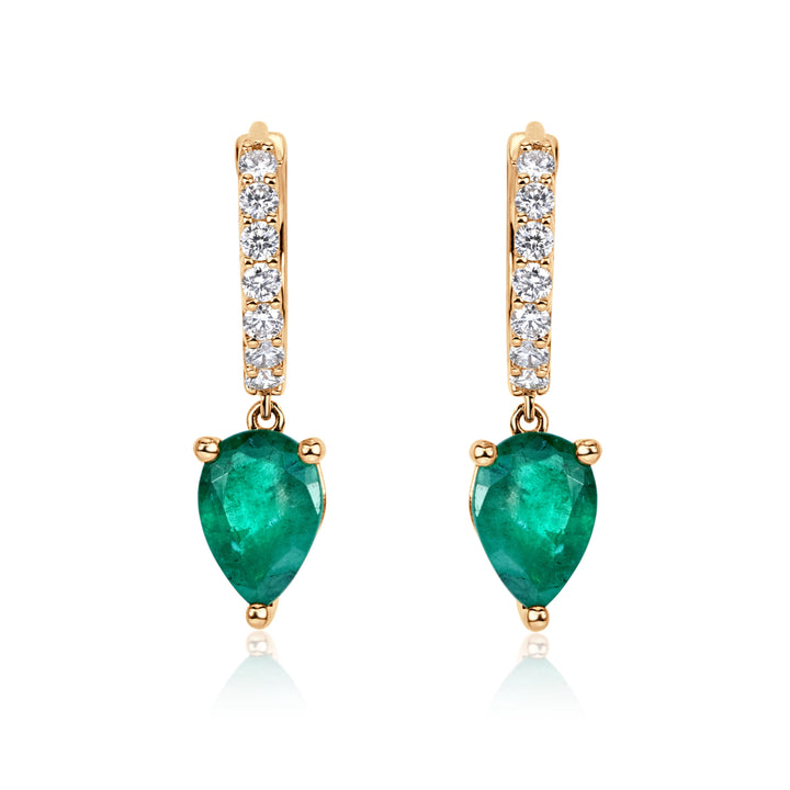 2.08ct Green Emerald and Lab Diamond Dangle Huggie Earrings in 18K Yellow Gold