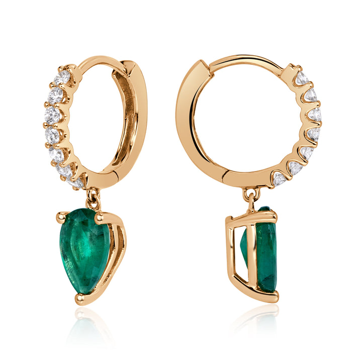 2.08ct Green Emerald and Lab Diamond Dangle Huggie Earrings in 18K Yellow Gold