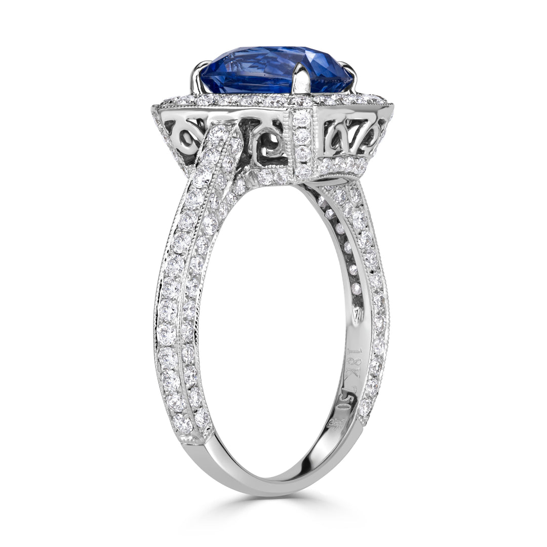 3.65ct Cushion Cut Blue Sapphire Engagement Ring