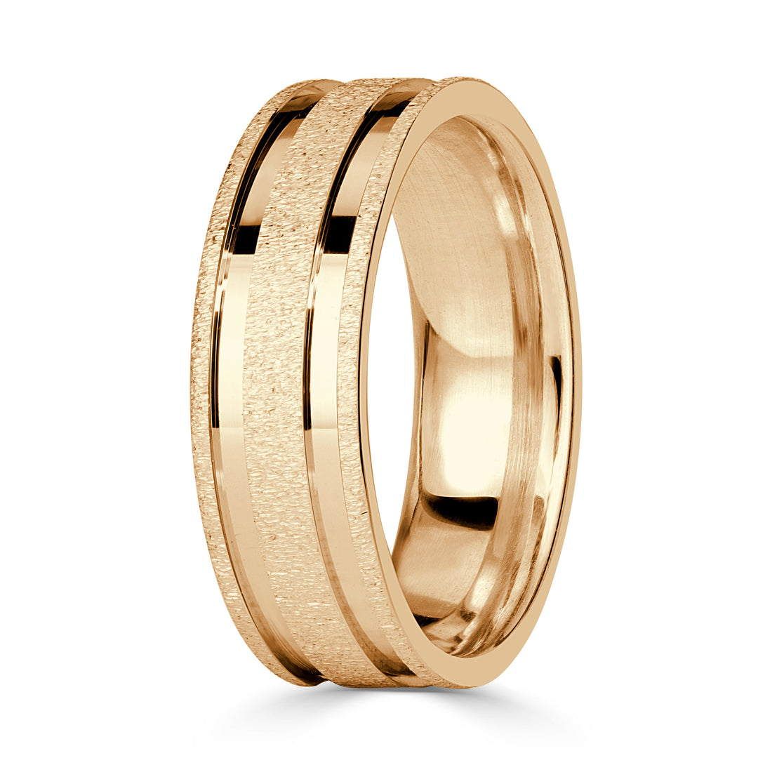 Men's Gooved Stone Finished Wedding Band in 14k Yellow Gold 6mm