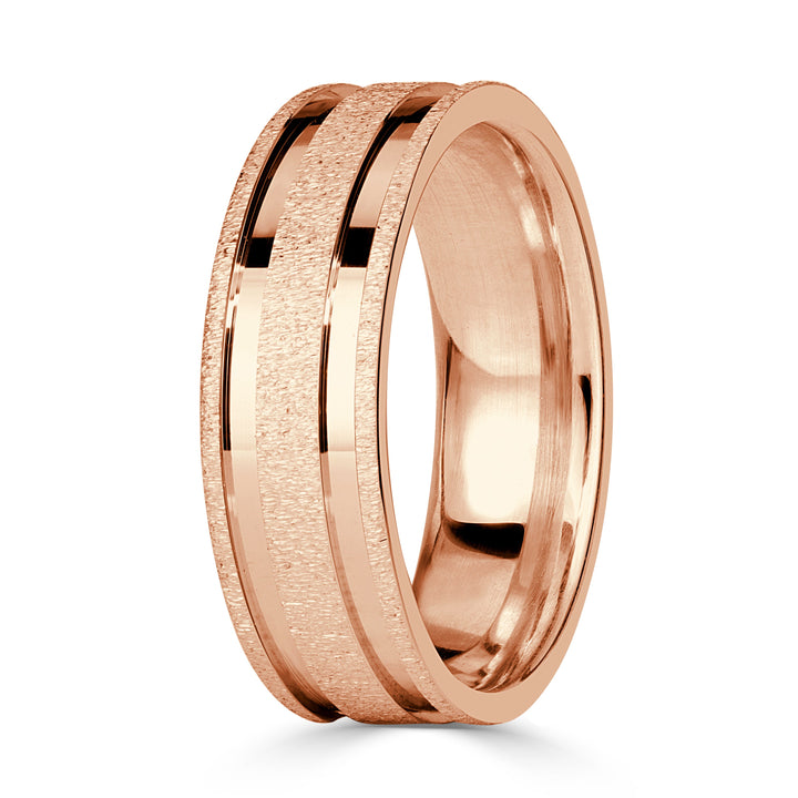 Men's Gooved Stone Finished Wedding Band in 14k Rose Gold 6mm