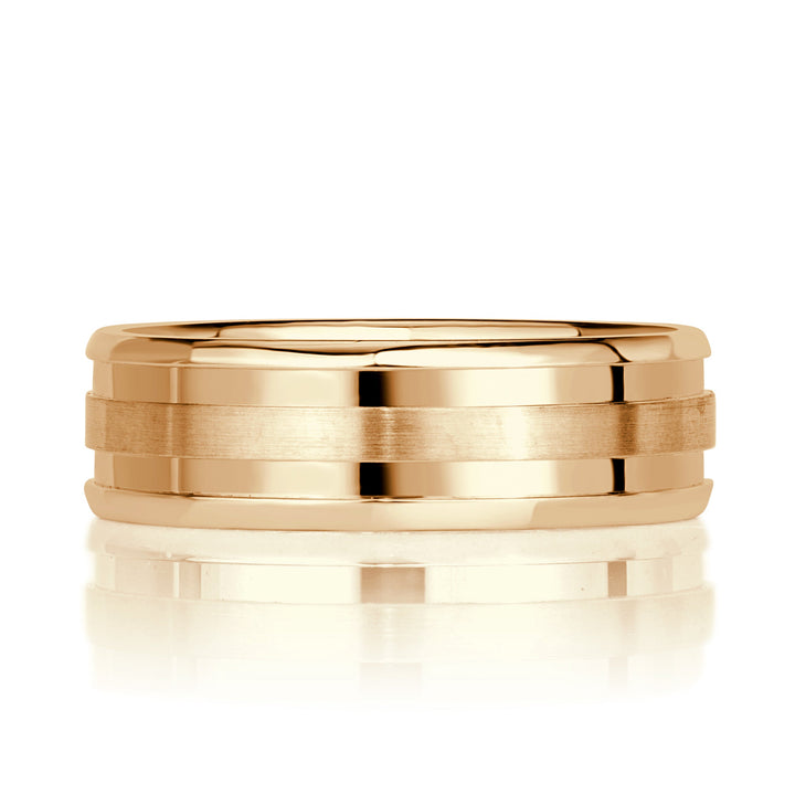 Men's Grooved Half Satin Finish Wedding Band in 14K Yellow Gold 6mm