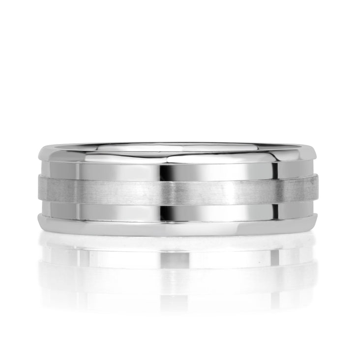 Men's Grooved Half Satin Finish Wedding Band in 14K White Gold 6mm