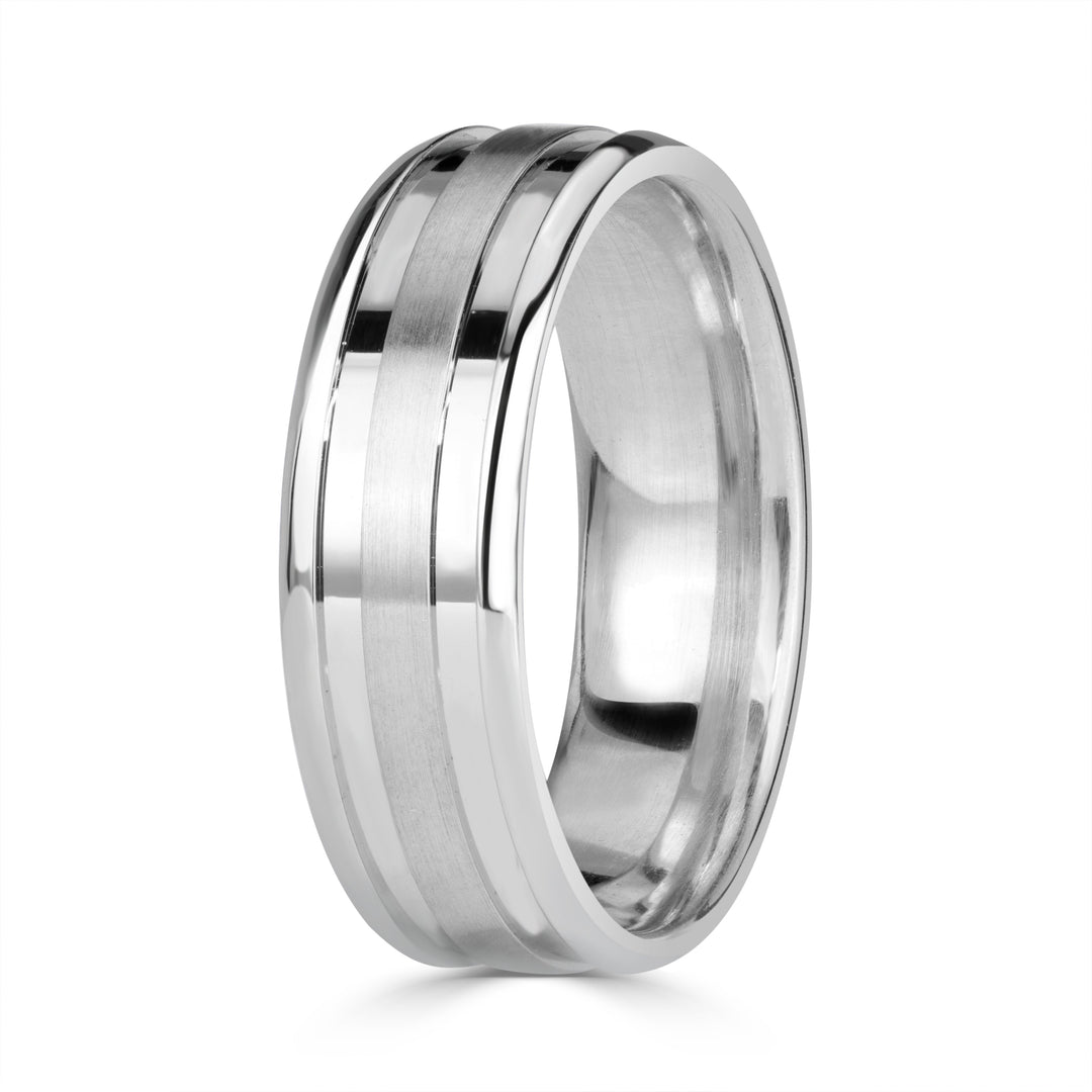 Men's Grooved Half Satin Finish Wedding Band in 14K White Gold 6mm