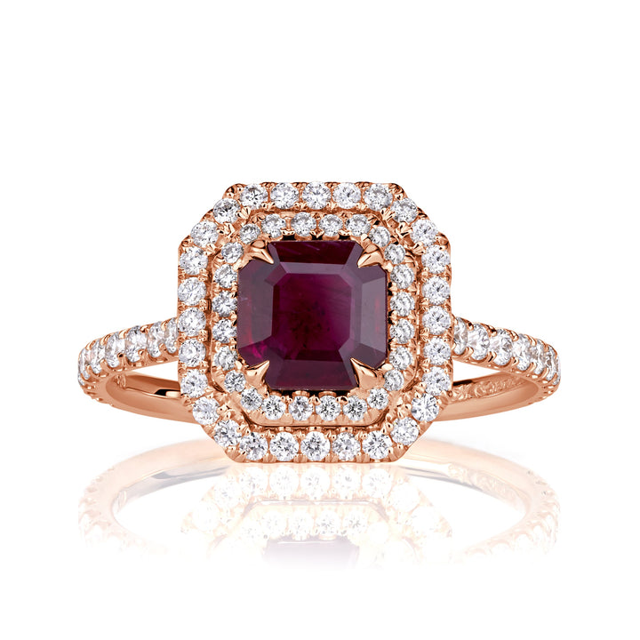 1.62ct Emerald Cut Ruby and Lab Diamond Engagement Ring