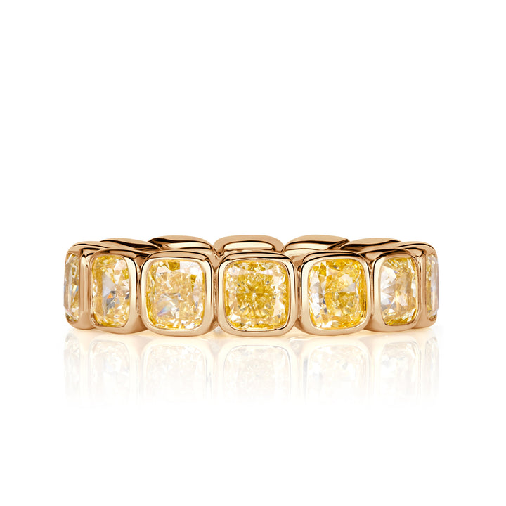 7.56ct Fancy Yellow Cushion Cut Lab Lab Diamond Bezel Set Eternity Band in 18K Yellow Gold