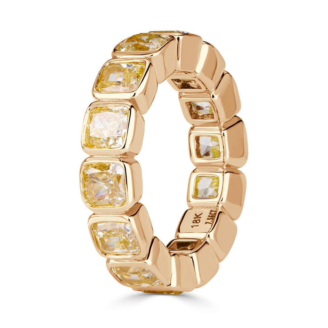 7.56ct Fancy Yellow Cushion Cut Lab Lab Diamond Bezel Set Eternity Band in 18K Yellow Gold