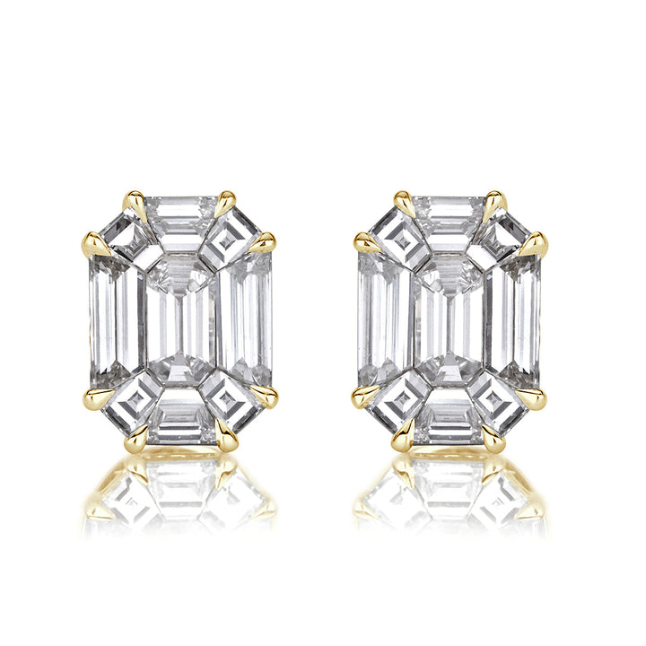 2.60ct Emerald Cut Mosaic Lab Diamond Stud Earrings in 18K Yellow Gold