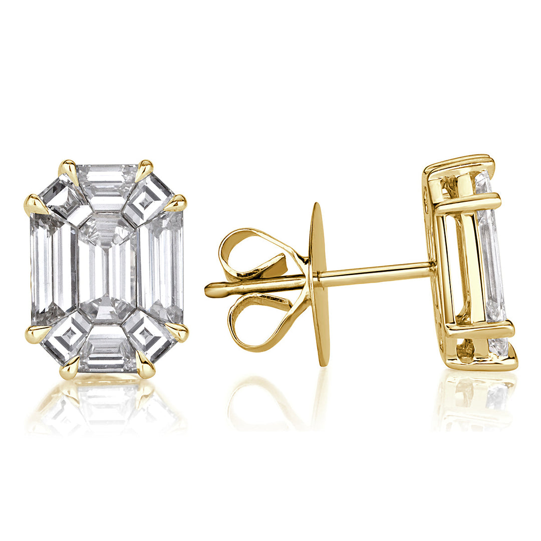 2.60ct Emerald Cut Mosaic Lab Diamond Stud Earrings in 18K Yellow Gold