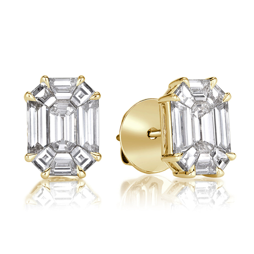 2.60ct Emerald Cut Mosaic Lab Diamond Stud Earrings in 18K Yellow Gold