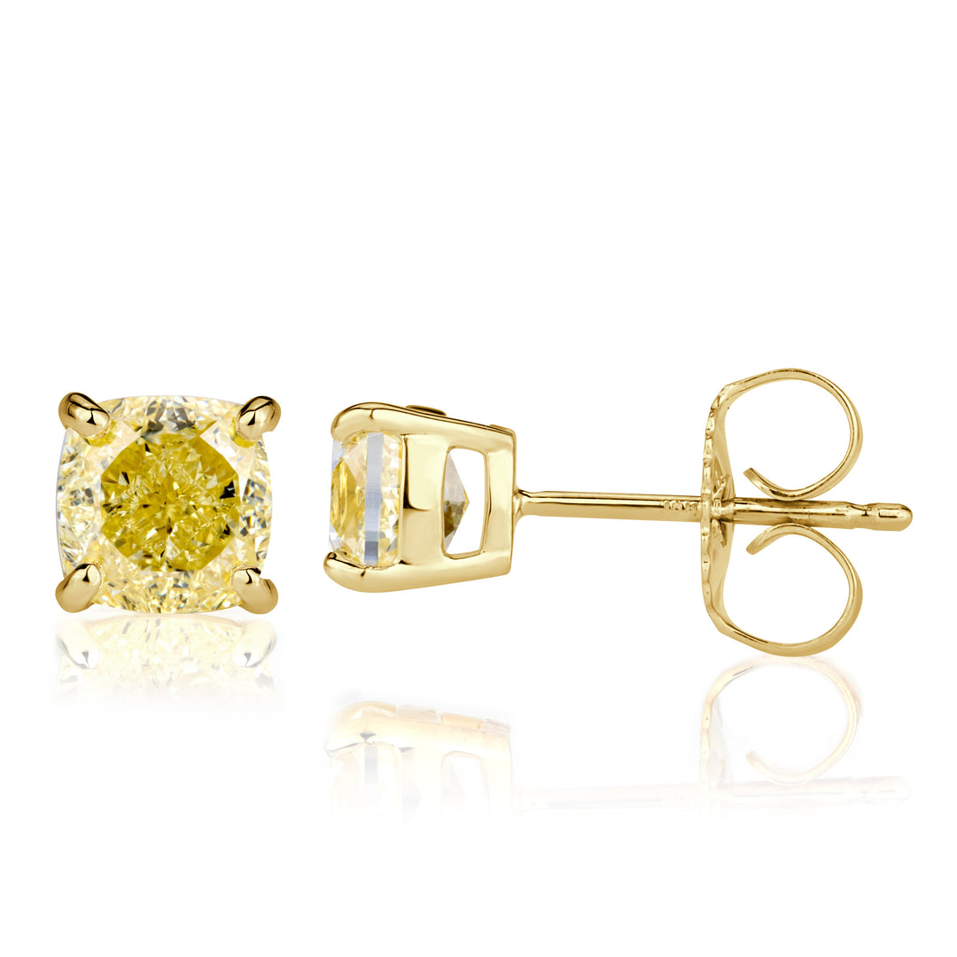 2.03ct Fancy Yellow Cushion Cut Lab Diamond Stud Earrings