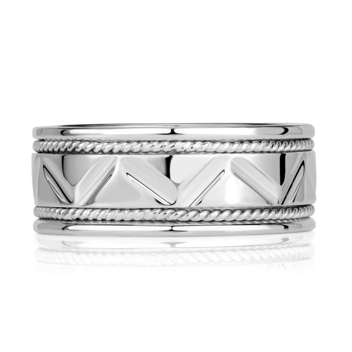 Men's Handcrafted Zigzag Wedding Band in 18k White Gold at 8.5mm