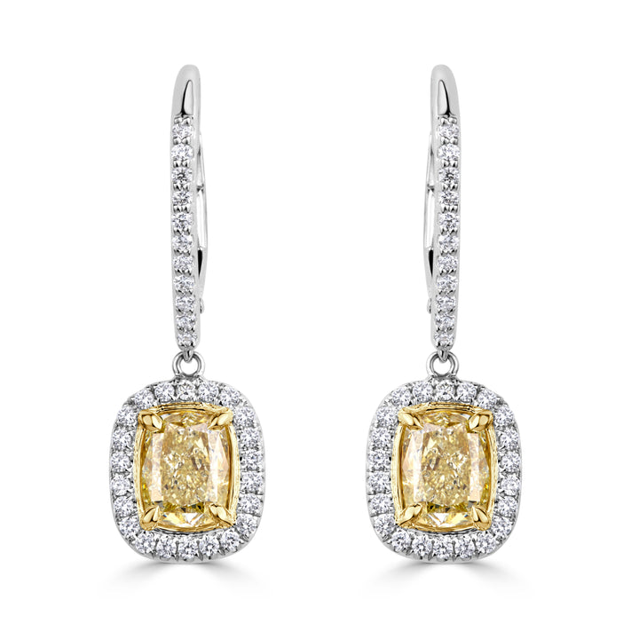 2.39ct Fancy Yellow Cushion Cut Lab Diamond Dangle Earrings