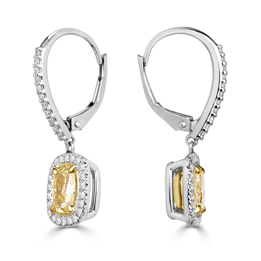 2.39ct Fancy Yellow Cushion Cut Lab Diamond Dangle Earrings