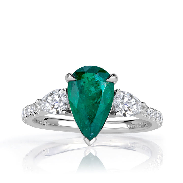 1.99ct Pear Shaped Green Emerald and Lab Lab Diamond Engagement Ring